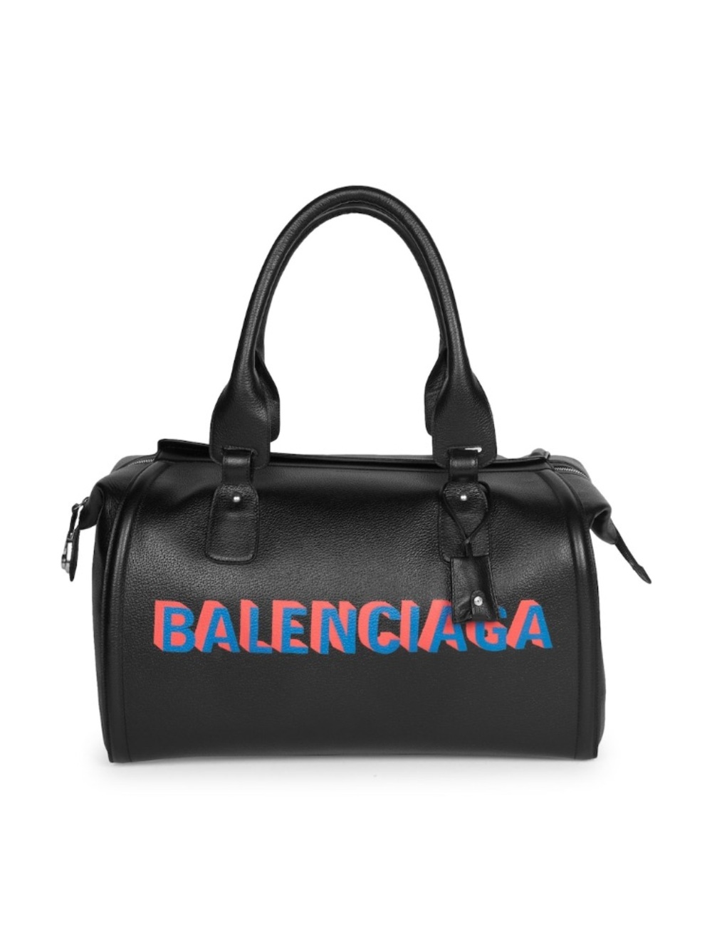 Balenciaga Black Leather Barrel Bag with Red and Blue Logo
